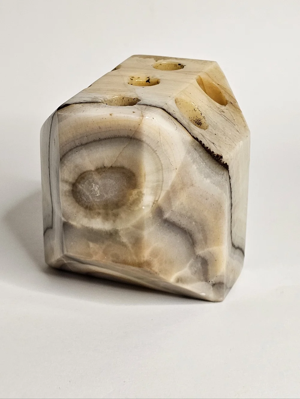 Vtg Hand Carved Banded Onyx Stone Desktop Pen Pencil Holder MCM Art Paperweight